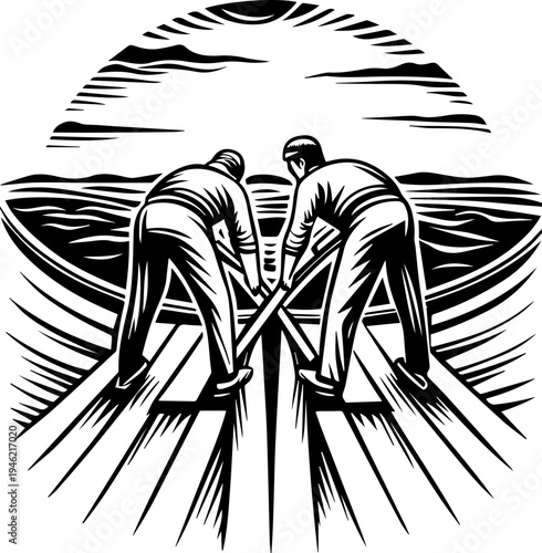 SVG skeleton workers building docks tattoo design vector. Fishermen Bringing in the Catch at Sunset Over Calm Waters