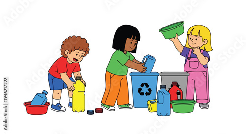Three diverse children actively engage in recycling, sorting various plastic containers and bottles into designated bins.