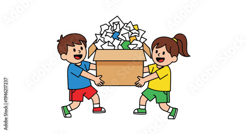 A cheerful cartoon boy and girl are happily collaborating to carry a large cardboard box overflowing with crumpled paper for recycling.