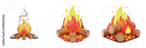 3D Bonfire With Wood Logs Icon Set Isolated On White Background PNG, Realistic Campfire Flame And Smoke Design Element, Outdoor Camping Fire Vector Illustration