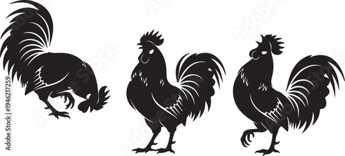 Rooster Silhouette Set Farm Poultry Bird Vector Illustration