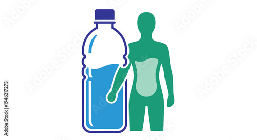Conceptual vector graphic highlighting body hydration, showing water content alongside a bottle illustration.
