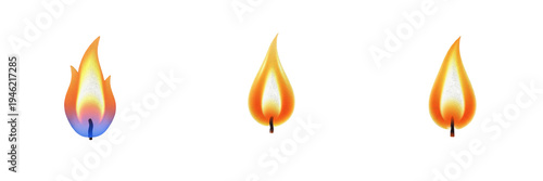 3D Fire Flame Icons Set, Realistic Glossy Orange and Red Candle Flames Isolated on White Background, Burning Heat Light Symbols, Soft Shaded Hot Blaze Shapes, Art PNG Asset