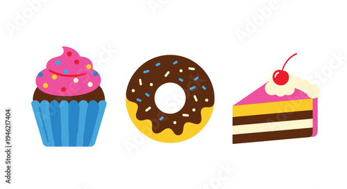 Colorful vector graphic illustration set featuring a frosted cupcake a chocolate sprinkled donut and cake slice
