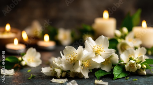 Delicate white flowers with soft petals arranged elegantly around glowing candles in a tranquil, serene atmosphere perfect for relaxation and meditation