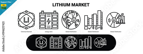  lithium market outline icon set. depicting elemental representation, energy storage, and global distribution