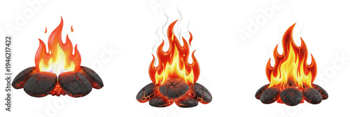 Campfire with Stones PNG Isolated on White Background Burning Fire Pit with Hot Coals Outdoor Survival Cooking Warmth Forest Camping Realistic Graphic Design Elements