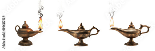 Magic Aladdin Lamp PNG Isolated on White Background Burning Brass Oil Lamp with Flame and Smoke Ancient Arabic Mystery Genie Myth Legend Fantasy Graphic Element