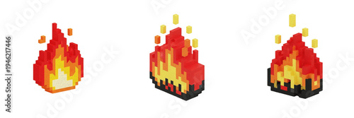 Pixel Art Fire PNG Isolated on White Background 8-Bit Retro Gaming Flame Icons 3D Voxel Style Burning Heat Spark Sprite Set for Video Game Design and Digital Art