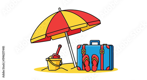 Colorful vector illustration of beach vacation essentials under a striped umbrella on a sandy patch