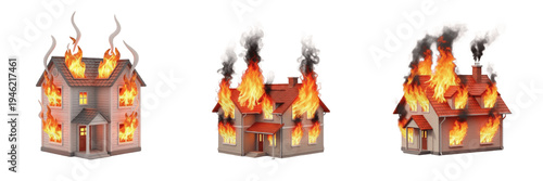 Burning House PNG Isolated on White Background Fire Disaster Home Insurance Claim Residential Property Flame Damage Smoke Emergency Accident Real Estate Security