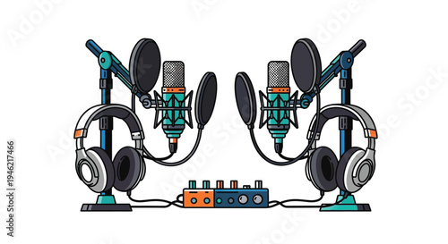 Modern vector graphic illustration of a professional podcasting and audio recording studio setup