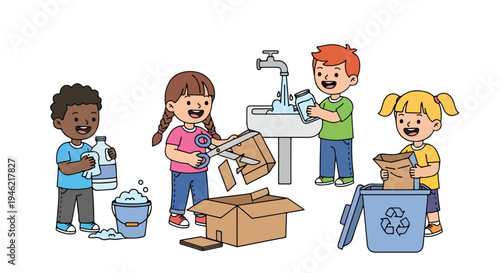 Four diverse children actively participate in eco-friendly tasks like sorting plastics, cutting cardboard, washing glass, and using a recycling bin.