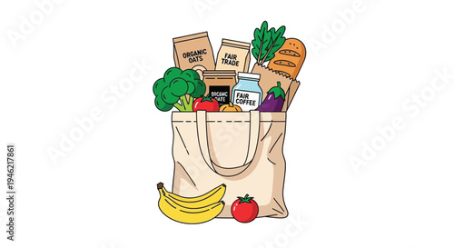 Vector illustration graphic design of a reusable tote bag brimming with fresh organic and fair trade groceries.
