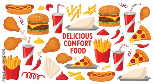 Collection of various comfort foods including burgers, fries, and snacks on white background.