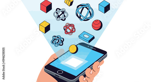 Isometric vector illustration showing abstract geometric shapes projecting from a smartphone screen interface
