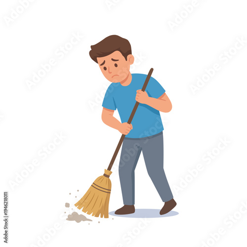 man sweeping the floor with a broom. House cleaning concept, daily household chores, hygiene and domestic work in simple flat style