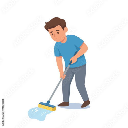 man mopping the floor with a mop. House cleaning and hygiene concept showing daily household chores in flat vector style