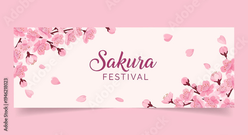 Sakura Festival Banner with Pink Cherry Blossoms and Petals
