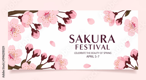 Sakura Festival Banner with Pink Cherry Blossoms and Spring Floral Design