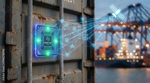Connected Cargo: A high-tech smart device, affixed to a shipping container, communicates data to a satellite, symbolizing the future of transport and logistics. 