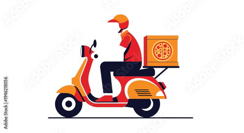Minimalist vector graphic illustration of a delivery person riding a scooter with a pizza box attached securely