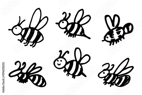 Tableau sur toile Set of hand drawn happy funny cute honey bee clipart Adorable flying striped ins