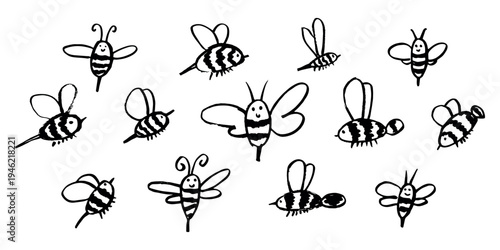 Set of hand drawn happy funny cute honey bee clipart Adorable flying striped insect friendly kawaii bumble bee For kids print, web, design, decor, logo
