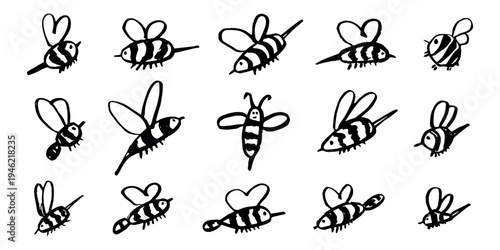 Set of hand drawn happy funny cute honey bee clipart Adorable flying striped insect friendly kawaii bumble bee For kids print, web, design, decor, logo