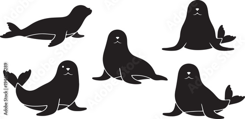Seal Silhouette Set Marine Mammal Ocean Animal Vector Illustration