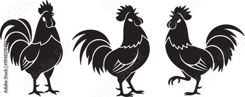 Rooster Silhouette Set Farm Poultry Bird Vector Illustration