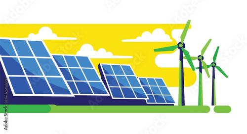 Vector graphic design of sustainable renewable energy production with solar panels and wind turbines.
