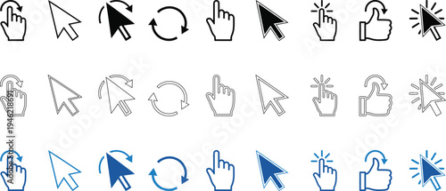 A collection of computer mouse cursor icons in various colors and styles