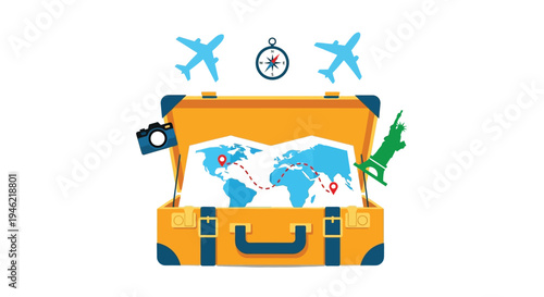Vector illustration of an open travel suitcase filled with world map and journey planning icons for adventure