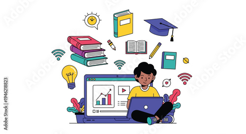 Young student engaging in online education learning using a laptop surrounded by academic icons vector illustration