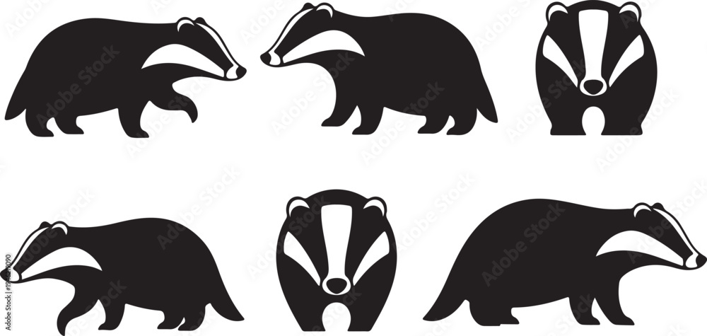 Fototapeta premium Badger Silhouette Set Wild Mammal Vector Illustration