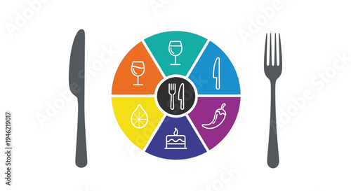 Vector graphic illustration showing a segmented food or meal plan plate with cutlery symbols and icons