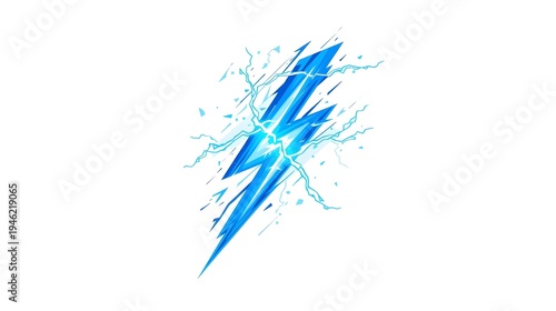 Dynamic lightning bolt icon with powerful electric burst effect and glowing blue energy sparks, vibrant vector illustration isolated on white background