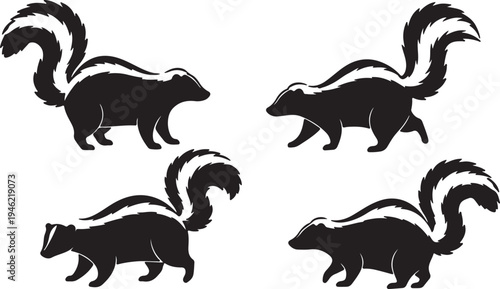 Skunk Silhouette Set Wild Mammal Vector Illustration