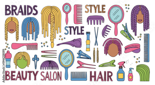 Collection of colorful hair care and beauty salon illustrations including braids, tools, and products.