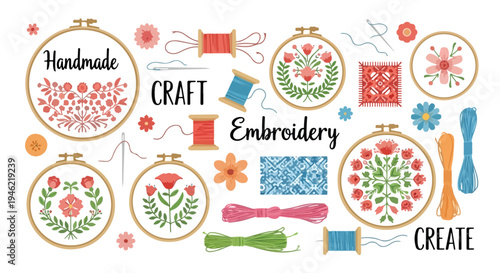 A collection of colorful embroidery hoops and crafting supplies for handmade sewing and needlework projects.