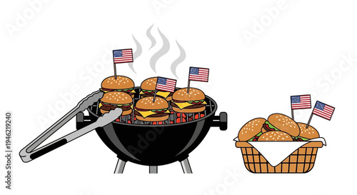 Vector illustration of grilled burgers on barbecue with American flags