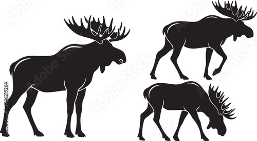 Moose Silhouette Set Large Antler Deer Wildlife Vector Illustration