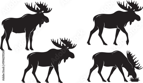 Moose Silhouette Set Large Antler Deer Wildlife Vector Illustration