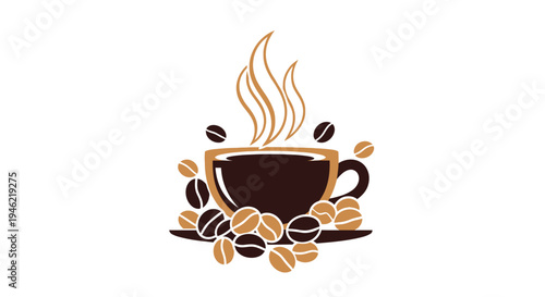 Steaming hot coffee cup illustration surrounded by rich brown and tan roasted coffee bean graphics