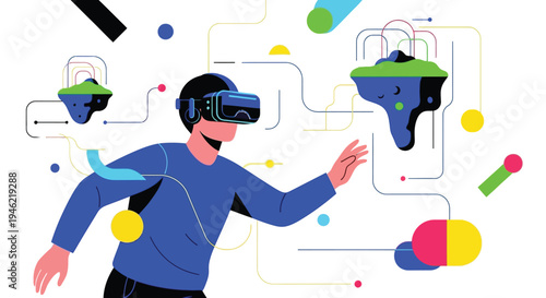 Man exploring and interacting with an abstract virtual world using a modern VR headset vector graphic.