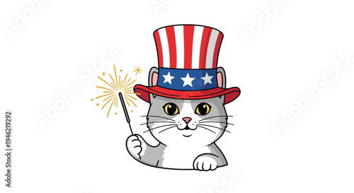 Vector illustration of patriotic cat in top hat with sparkler