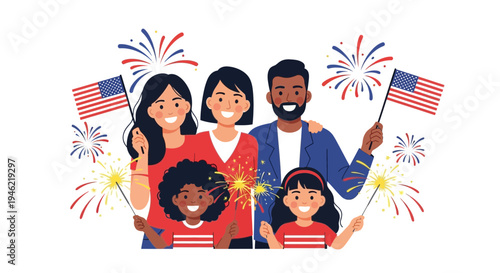 Vector illustration of diverse family celebrating with American flags and fireworks