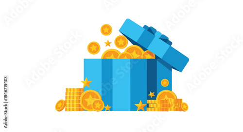 Open blue gift box vector illustration filled with golden coins and stars, representing bonus rewards or prizes.