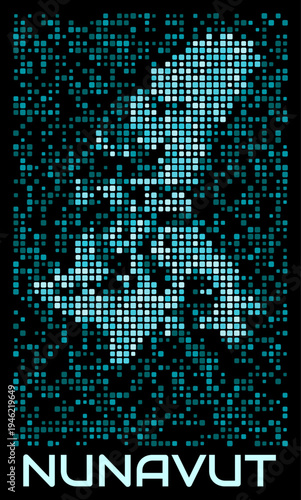 Nunavut, Canada digital dotted map. Shape of the province in cyan color palette on dark background. Futuristic Nunavut, Canada map design. Vector illustration.
